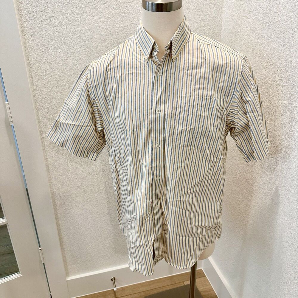 Duluth Trading Co Men Shirt Sz L Short Sleeve Yellow Blue White Stripe Button Up